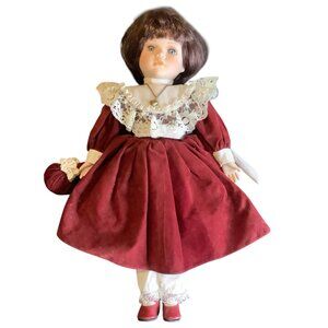 Vtg Valentine Porcelain Doll Lace Collar Velvet Dress Heart Necklace 16" FLAW